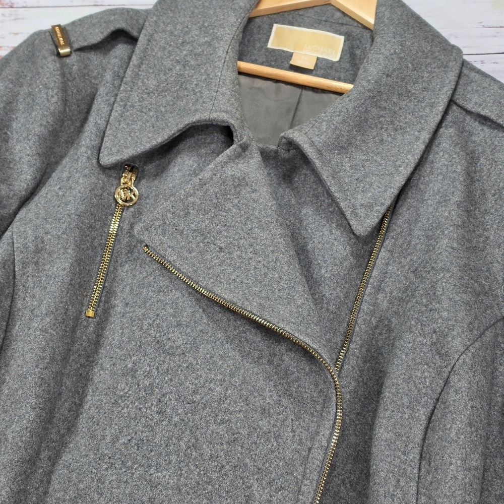Michael Michael Kors Trench Coat Womens 3X Gray Excellent Wool Blend Belted Zip